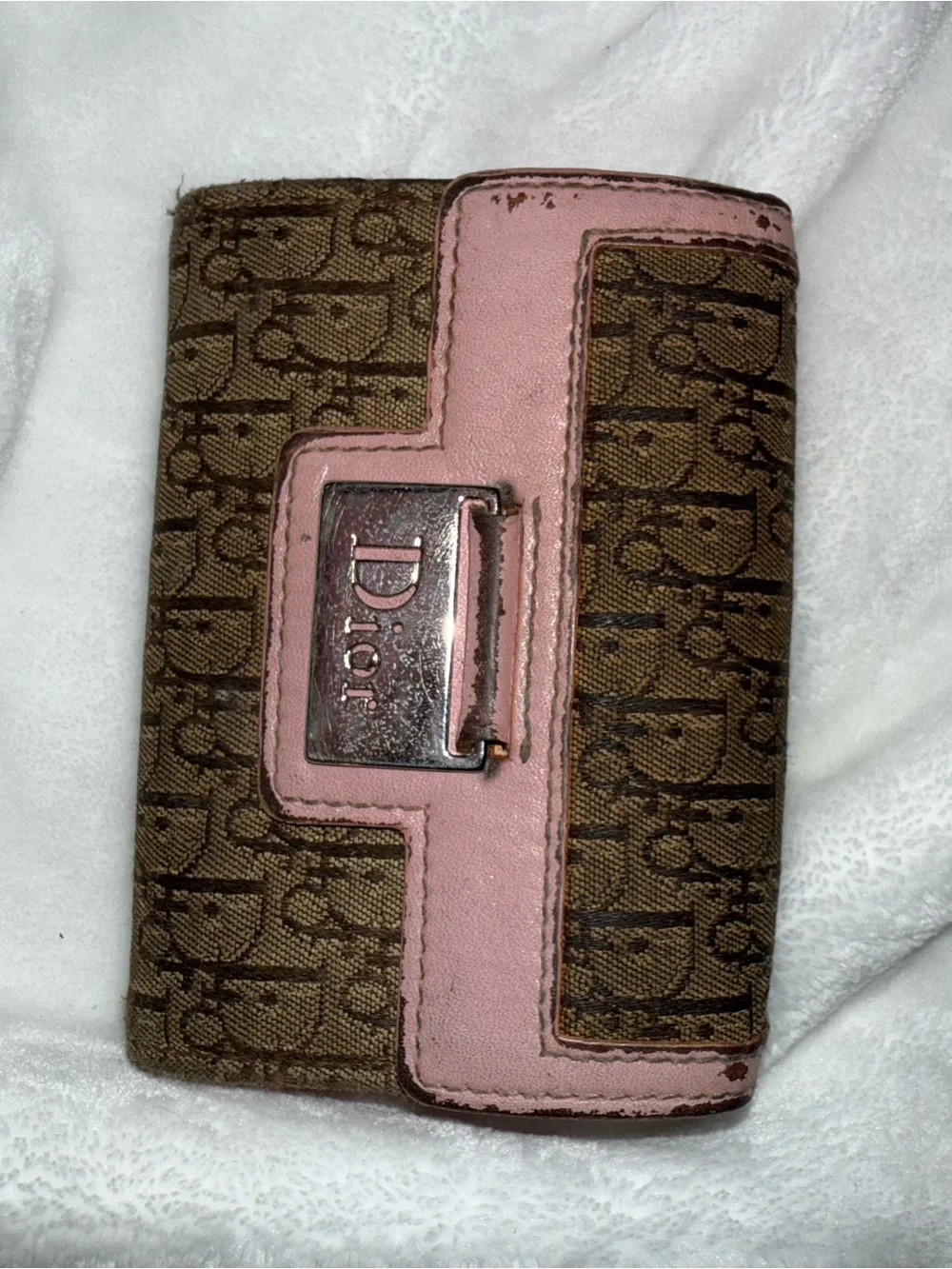 USED Dior Brown Monogram Wallet with Pink Trim and Silver Plate